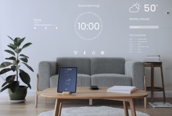 Digital tablet screen with smart IoT devices on a wooden table